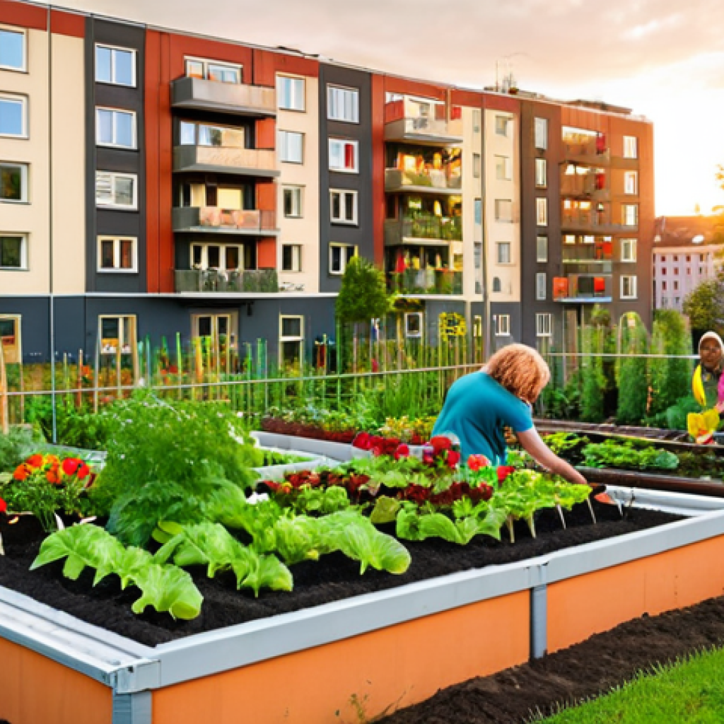 **A vibrant community garden in a German city. Residents of diverse ages are working together, planting vegetables and flowers. Raised garden beds overflow with colorful produce. In the background, modern apartment buildings rise above the greenery. The scene exudes a sense of community and sustainable living. Golden hour lighting.**