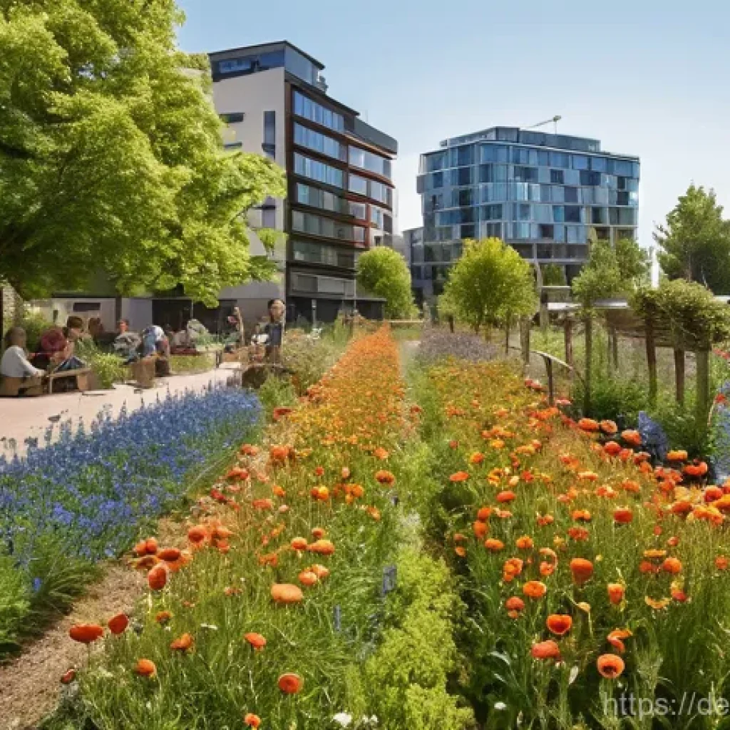 도시 내 야생화 심기를 위한 자원 확보 방법 - **Prompt:** A vibrant urban community garden scene in a German city, bathed in warm afternoon sunlig...