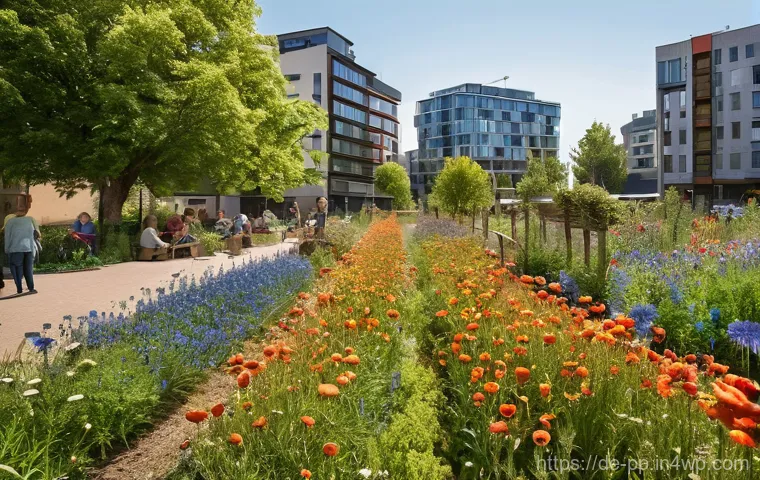 도시 내 야생화 심기를 위한 자원 확보 방법 - **Prompt:** A vibrant urban community garden scene in a German city, bathed in warm afternoon sunlig...