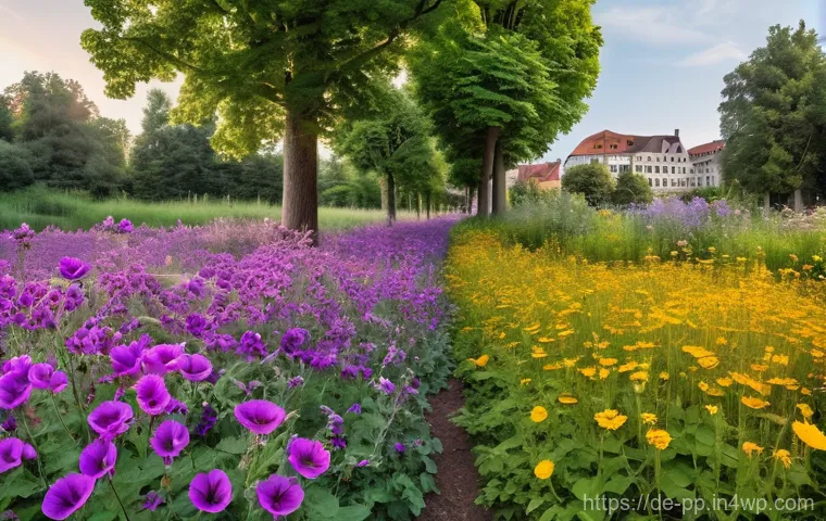 도시 내 야생화 심기를 위한 자원 확보 방법 - **Prompt:** A detailed, close-up view of a flourishing urban wildflower patch in a German city, show...