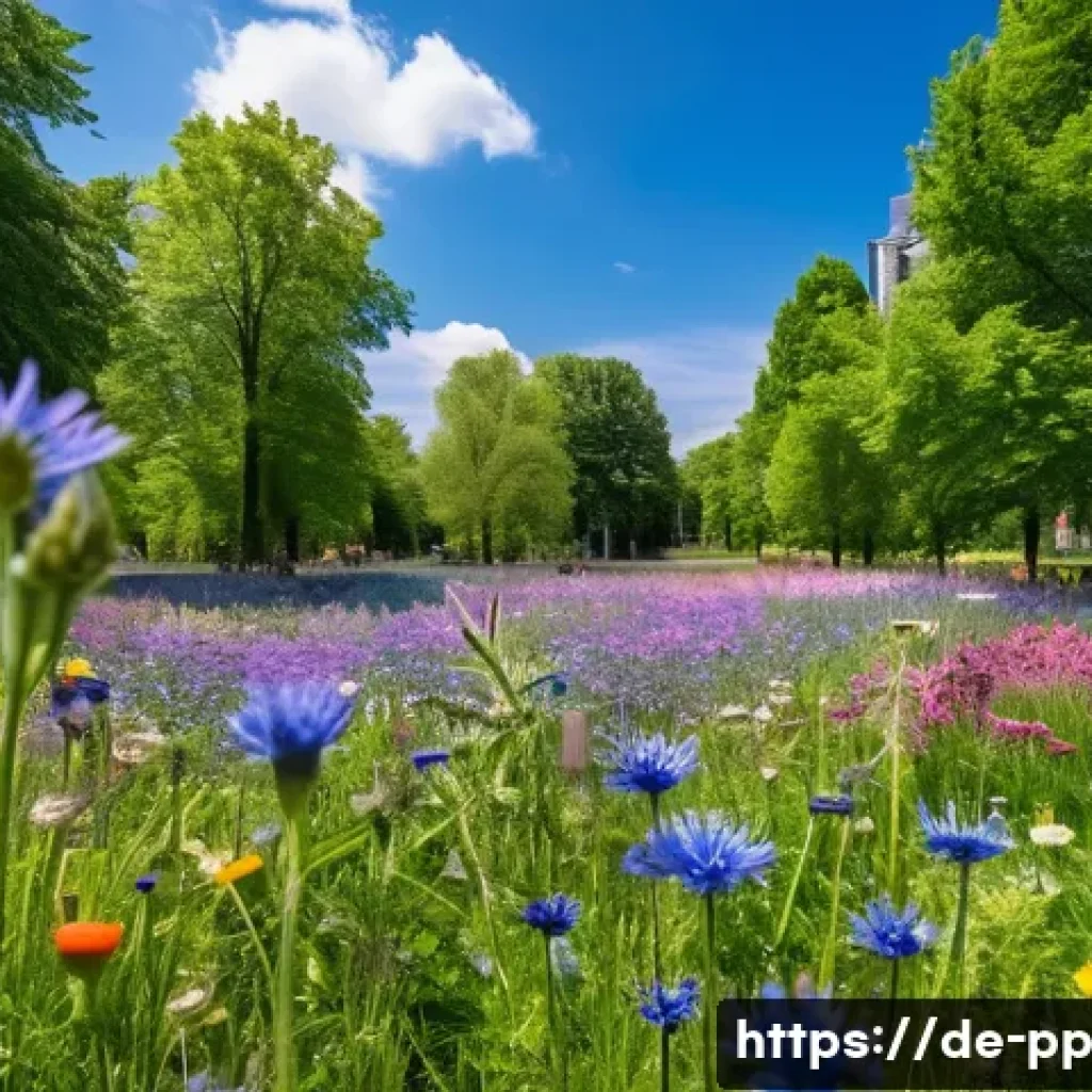 야생화 식물의 생태적 기능과 도시 적용 - A vibrant urban wildflower meadow in a German city park during late spring, featuring a diverse mix ...