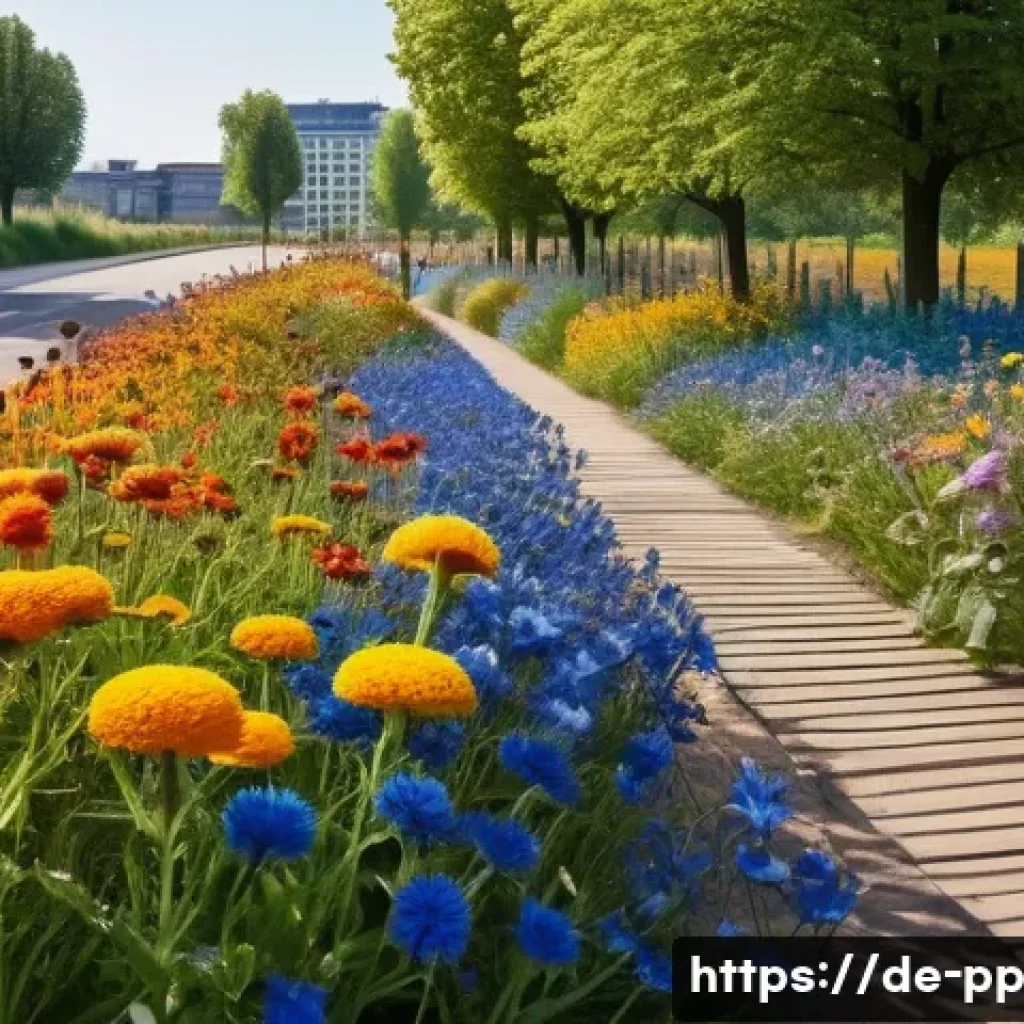 도시 환경에서의 야생화 생장 촉진 방법 - A vibrant urban wildflower meadow situated along a busy city street in Germany, featuring a diverse ...
