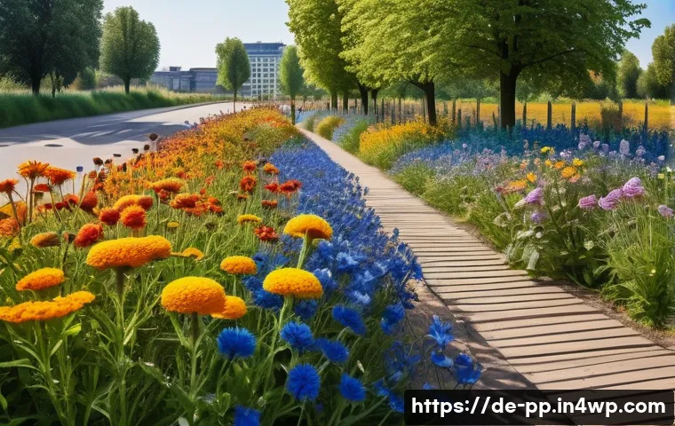 도시 환경에서의 야생화 생장 촉진 방법 - A vibrant urban wildflower meadow situated along a busy city street in Germany, featuring a diverse ...