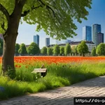 Home 22 야생화 도시 공간 조성을 위한 기후 적응 전략 - A vibrant urban park scene in a German city during late spring, featuring colorful wildflower meadow...