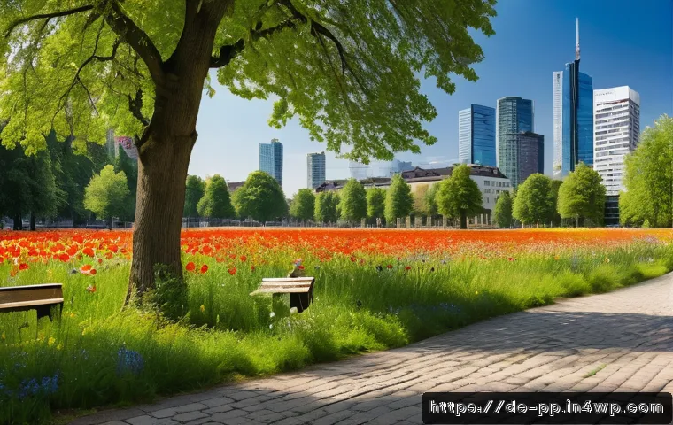 야생화 도시 공간 조성을 위한 기후 적응 전략 - A vibrant urban park scene in a German city during late spring, featuring colorful wildflower meadow...