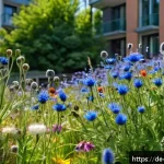 Home 20 야생화 도시 정원에서의 생물학적 연구 - A vibrant urban wildflower meadow on a sunny city balcony, featuring native species such as cornflow...