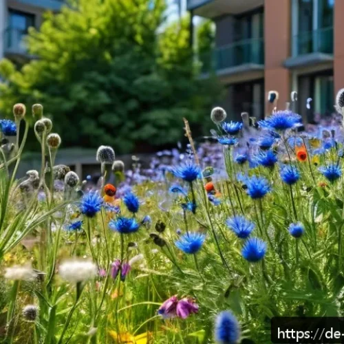 Home 32 야생화 도시 정원에서의 생물학적 연구 - A vibrant urban wildflower meadow on a sunny city balcony, featuring native species such as cornflow...