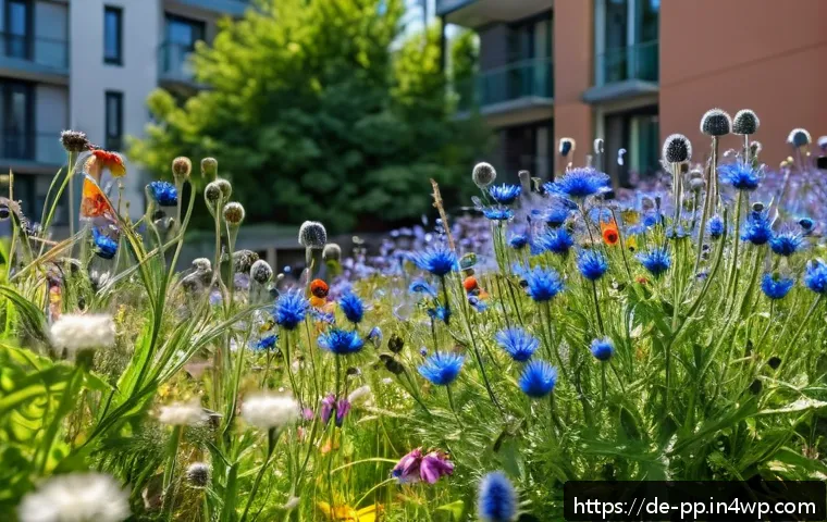 야생화 도시 정원에서의 생물학적 연구 - A vibrant urban wildflower meadow on a sunny city balcony, featuring native species such as cornflow...