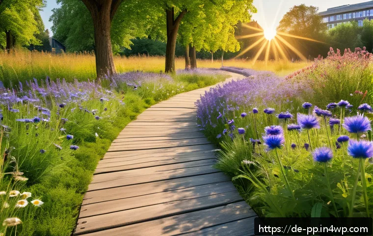 도시 공간에서의 야생화 생태계 서비스 - A vibrant urban wildflower meadow in a German city park during late spring, featuring native species...