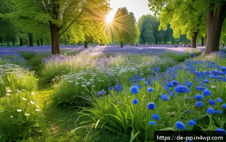 야생화 도시 공간 조성을 위한 네트워킹 전략 - A vibrant urban wildflower meadow in a German city park during spring, filled with diverse species l...