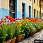 Home 23 도시 환경에서 야생화의 인식 변화 - A vibrant urban street scene in a German city neighborhood during summer, featuring a colorful wildf...