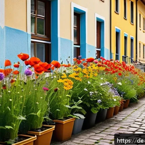 Home 17 도시 환경에서 야생화의 인식 변화 - A vibrant urban street scene in a German city neighborhood during summer, featuring a colorful wildf...