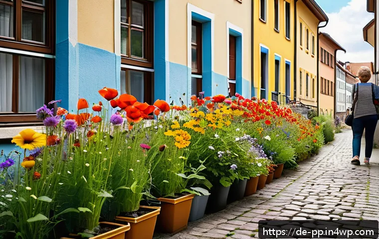 도시 환경에서 야생화의 인식 변화 - A vibrant urban street scene in a German city neighborhood during summer, featuring a colorful wildf...