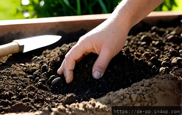 Home 17 야생화 식물 재배를 위한 토양 관리 - Photorealistic close-up of a German home gardener’s hands blending dark compost, sandy loam, and lea...