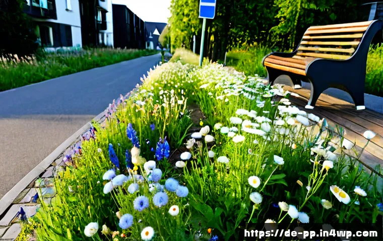 도시 내 야생화 조경 디자인 아이디어 - Photorealistic urban wildflower landscape design in a German city neighborhood, a wide pedestrian bo...